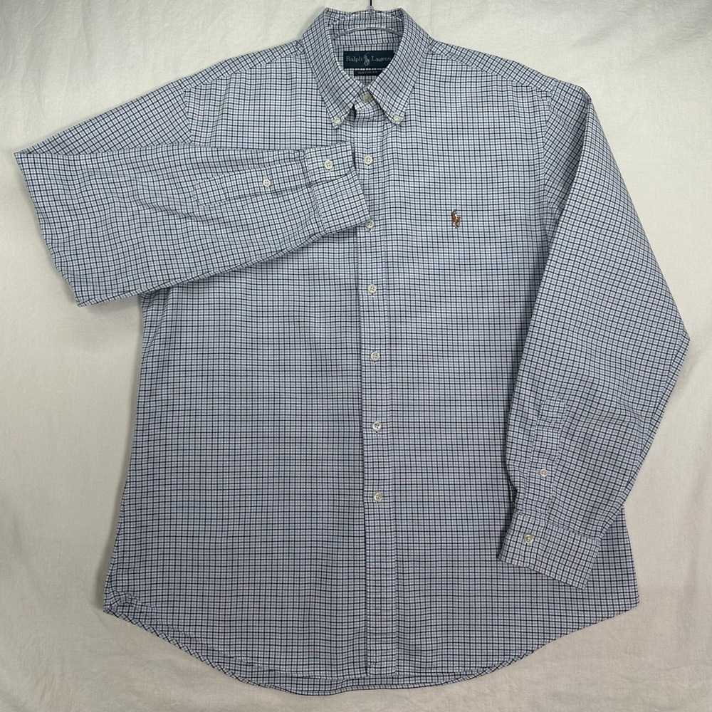 Ralph Lauren Long Sleeve Shirt Blue White Plaid Custom Fit Men's Size Large